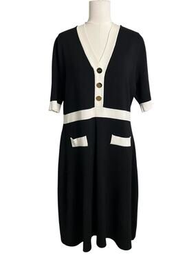 DKNY Sweater Shift Dress Womens XL Black White Colorblock V Neck Knit Pockets
